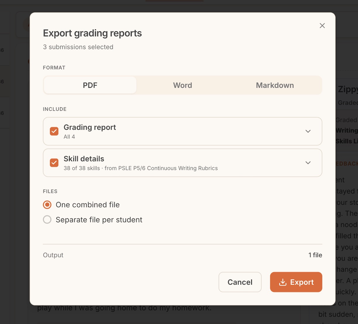 The export dialog with format, include, and file options