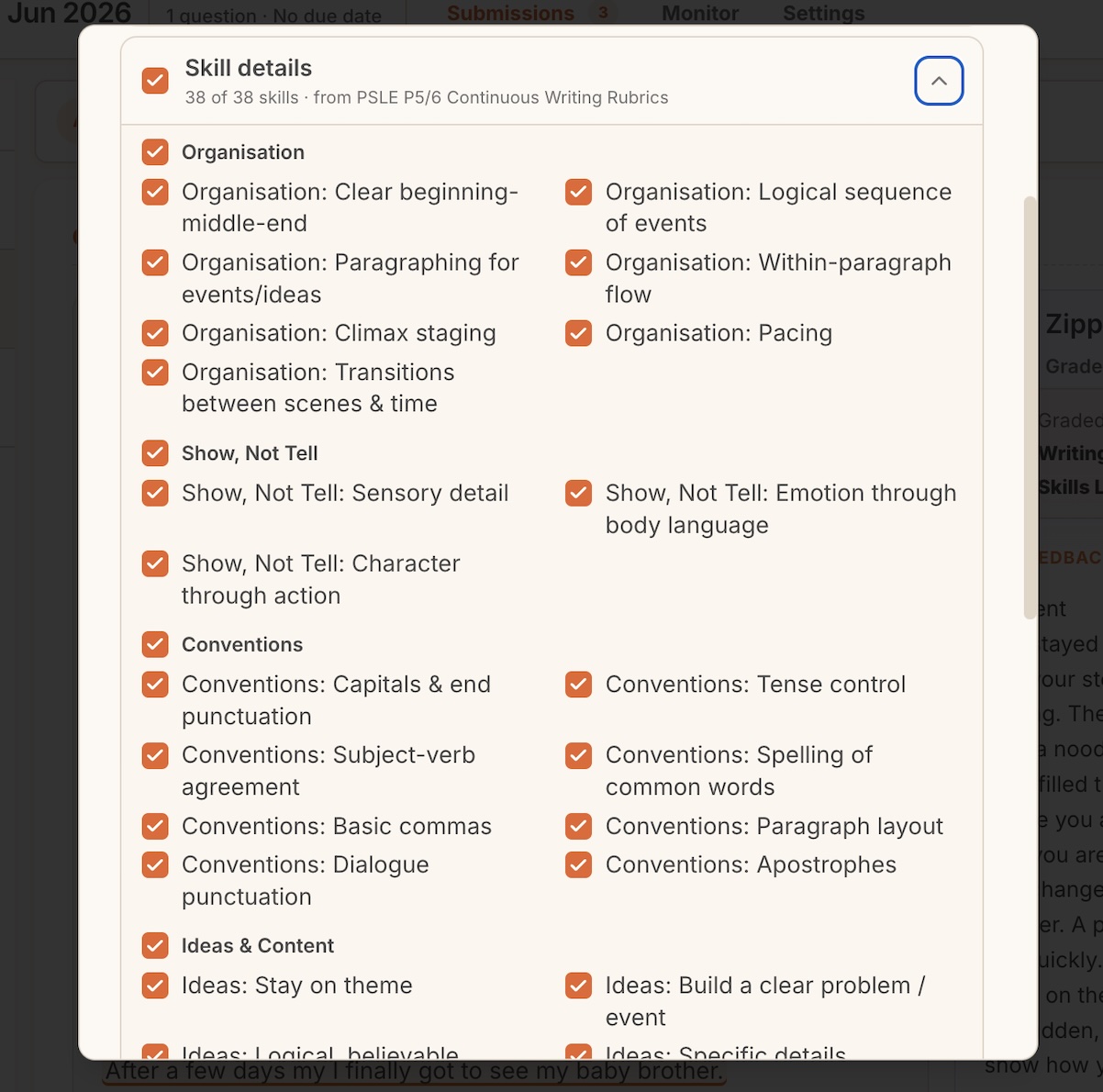 Choosing which skills to include in the export