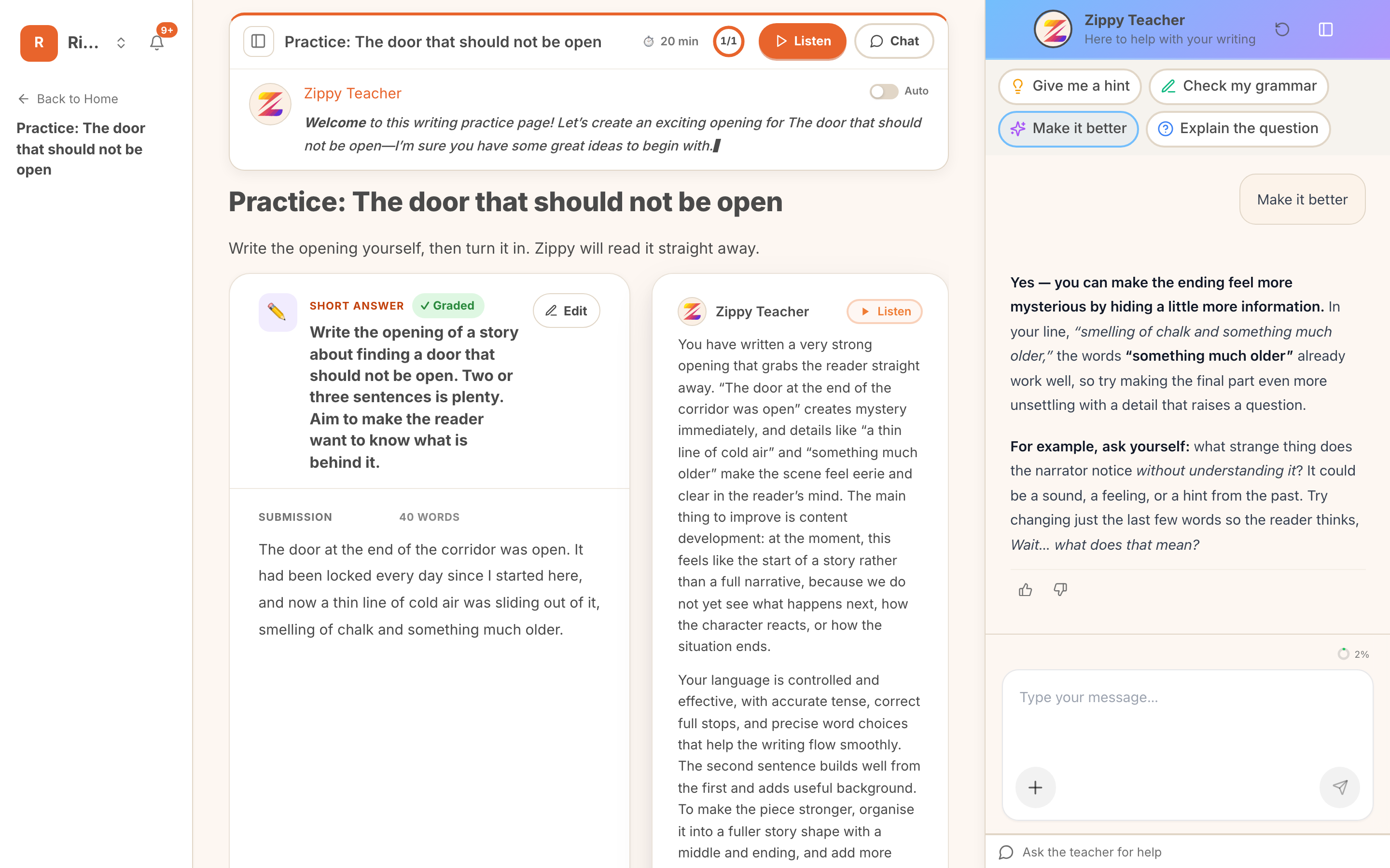 a student asking for help, and an answer about their own writing