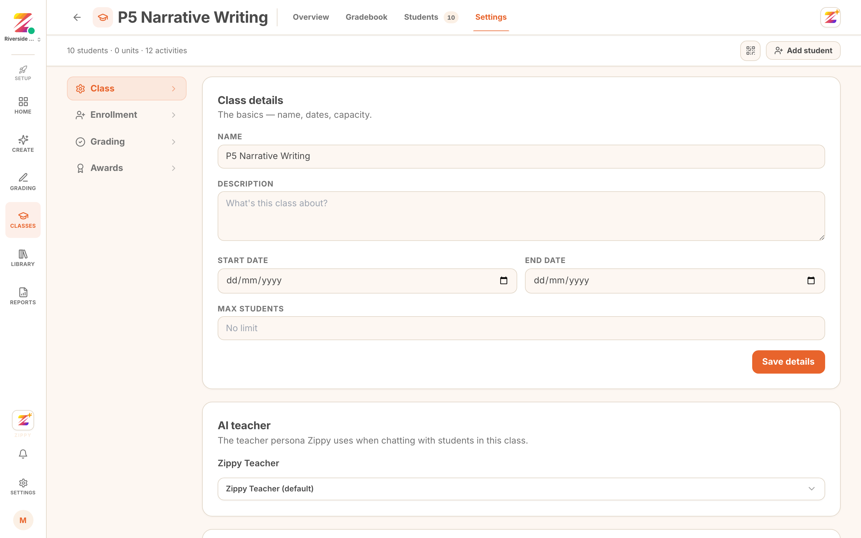 the AI teacher selector in class settings
