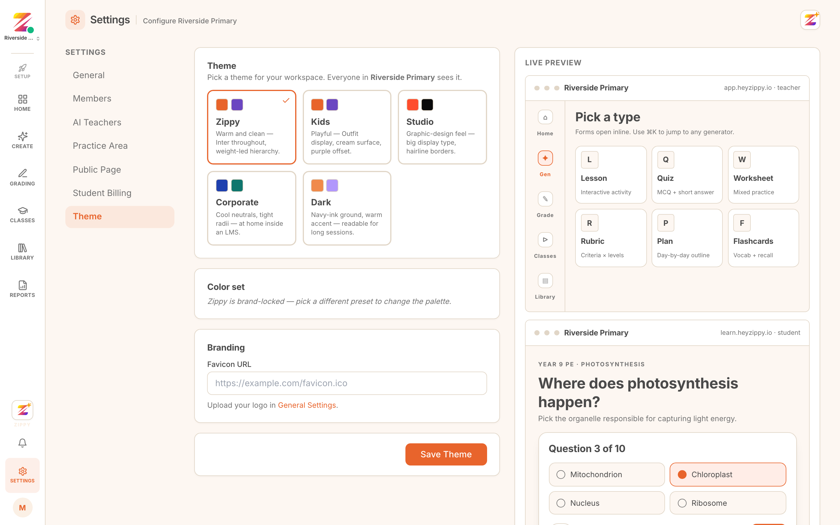 the workspace theme settings