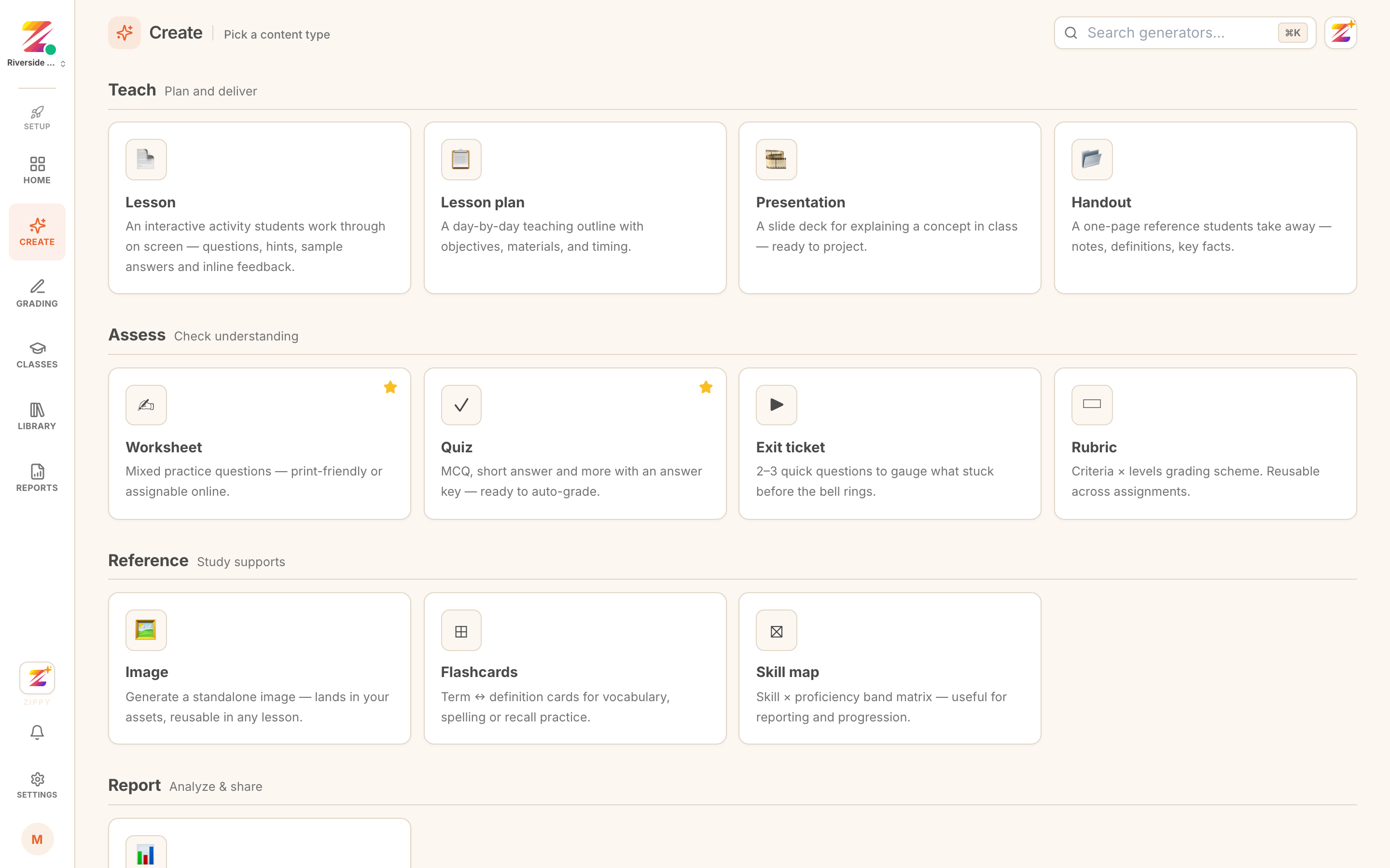 the Create screen with the Teach, Assess and Reference tiles