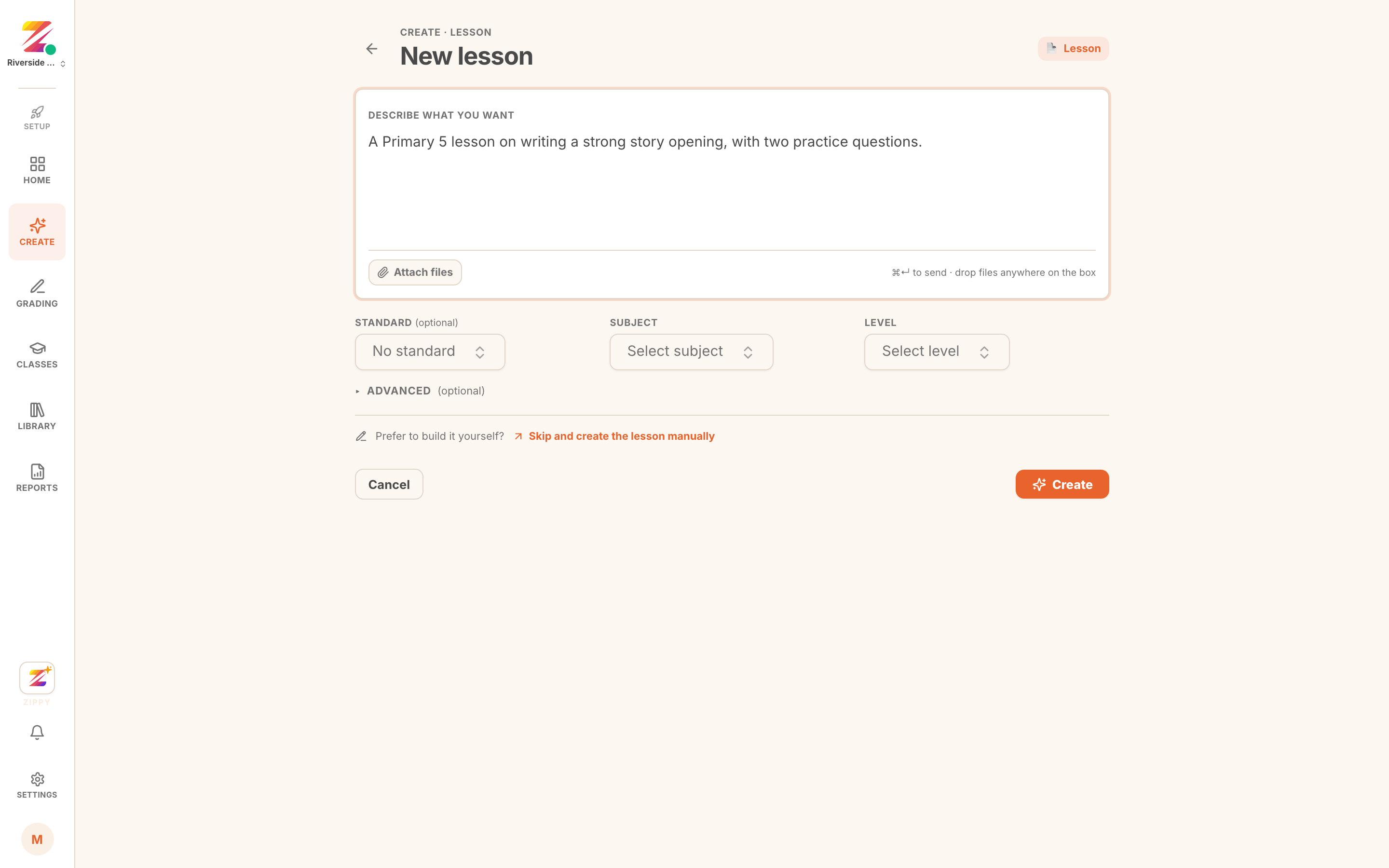 the lesson prompt box with a description typed in