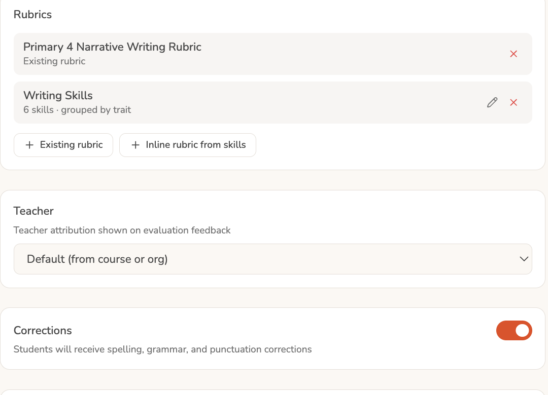 A grading preset showing attached rubrics, teacher attribution and a Corrections toggle