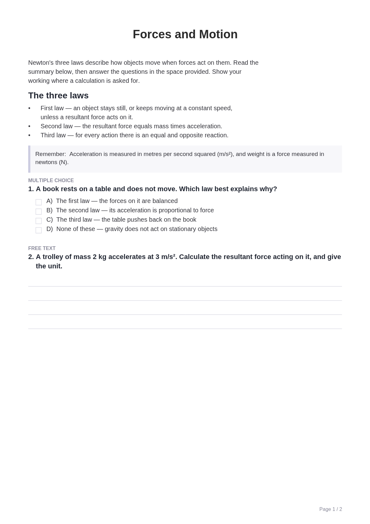 A generated two-page worksheet with a multiple-choice question and a free-text question with answer lines
