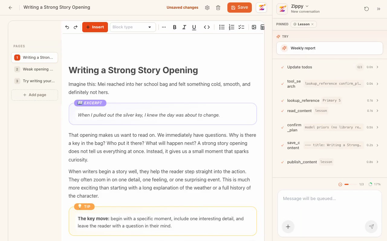 the finished lesson in the editor, with a question block visible