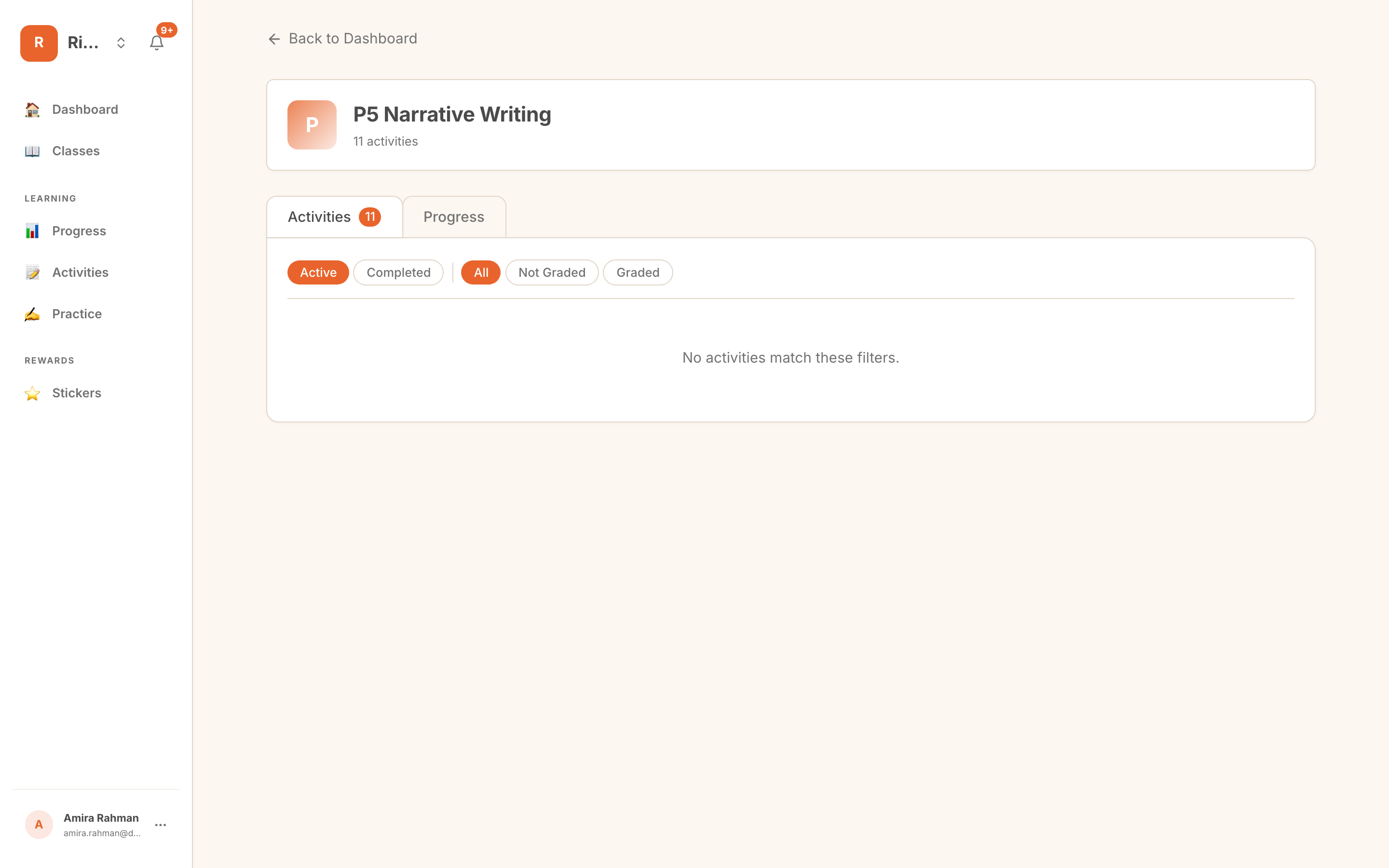 the student activities list with the status filters