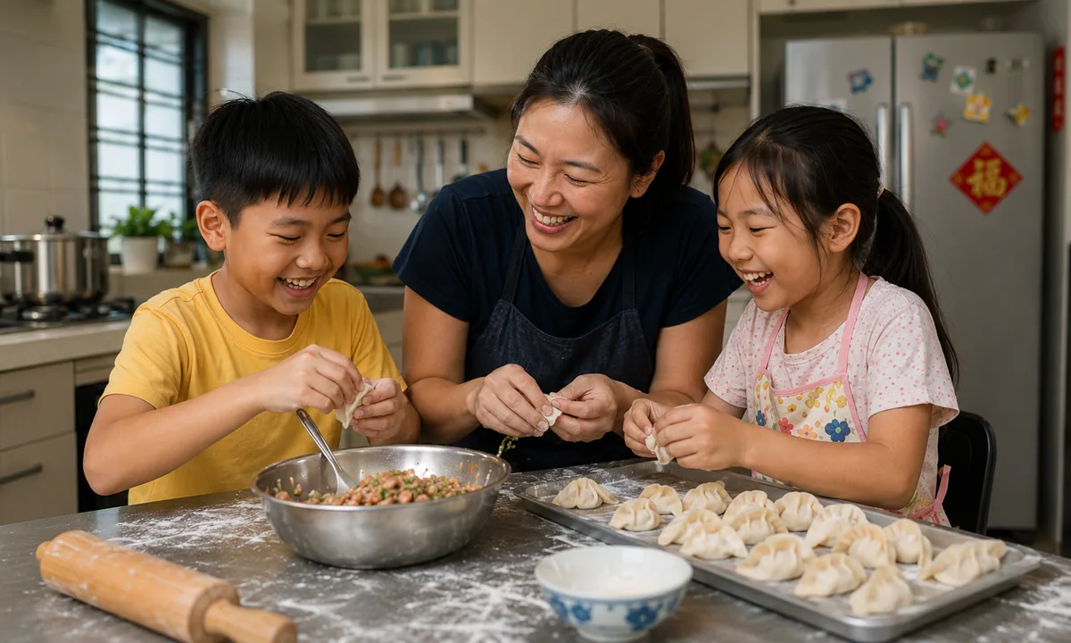 A parent and two children making dumplings together at a kitchen counter, all smiling.