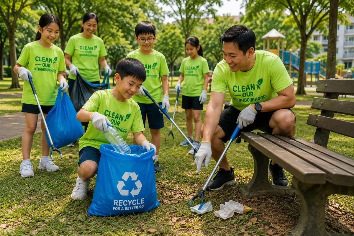Children and adults in matching volunteer T-shirts and gloves cleaning litter in a sunny park; one child drops a bottle into a recycling bag while an adult points to more litter.