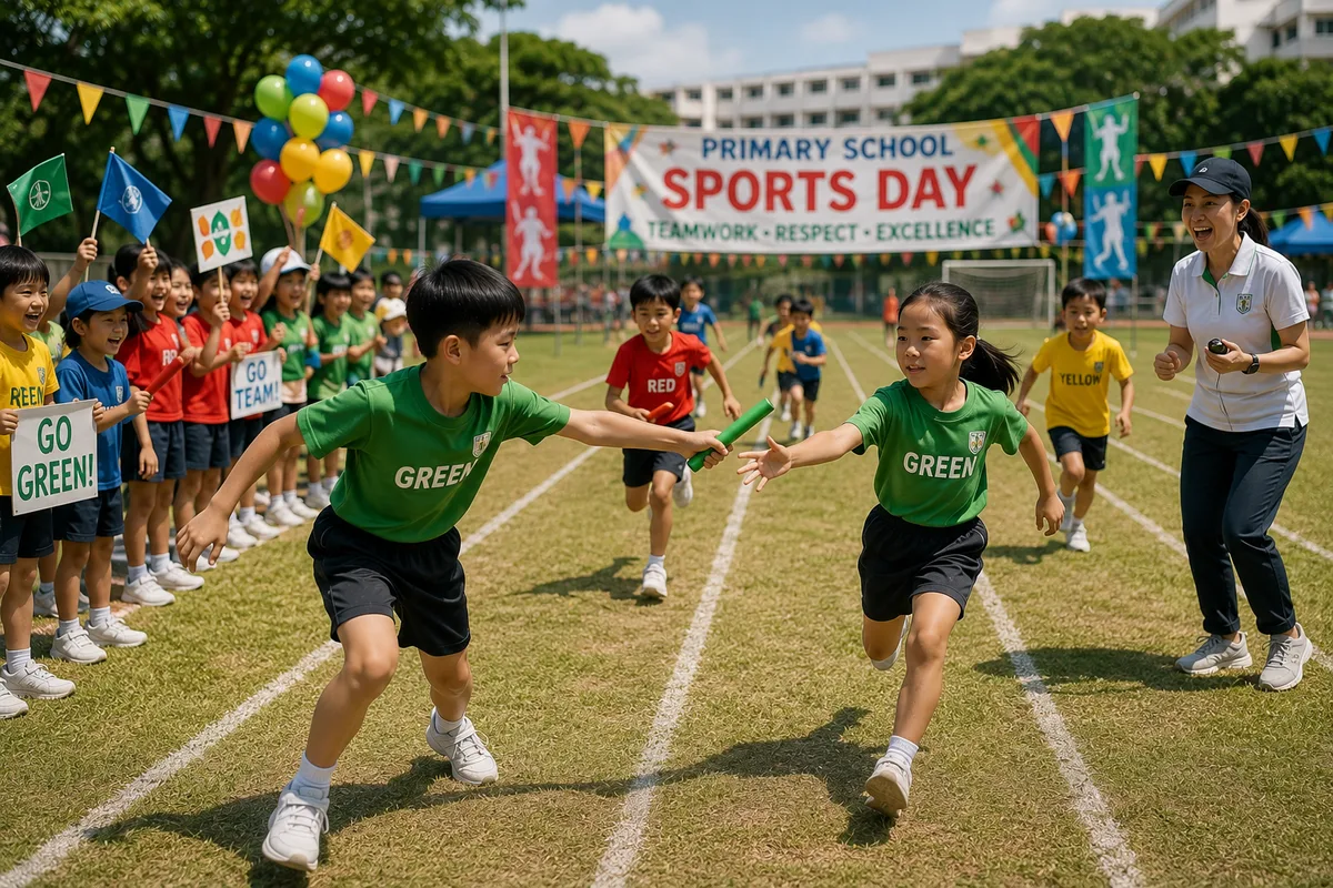 Children in different coloured house T-shirts running a relay race, one passing a baton, classmates cheering with flags and a teacher timing with a stopwatch, under banners and balloons on a sunny field.