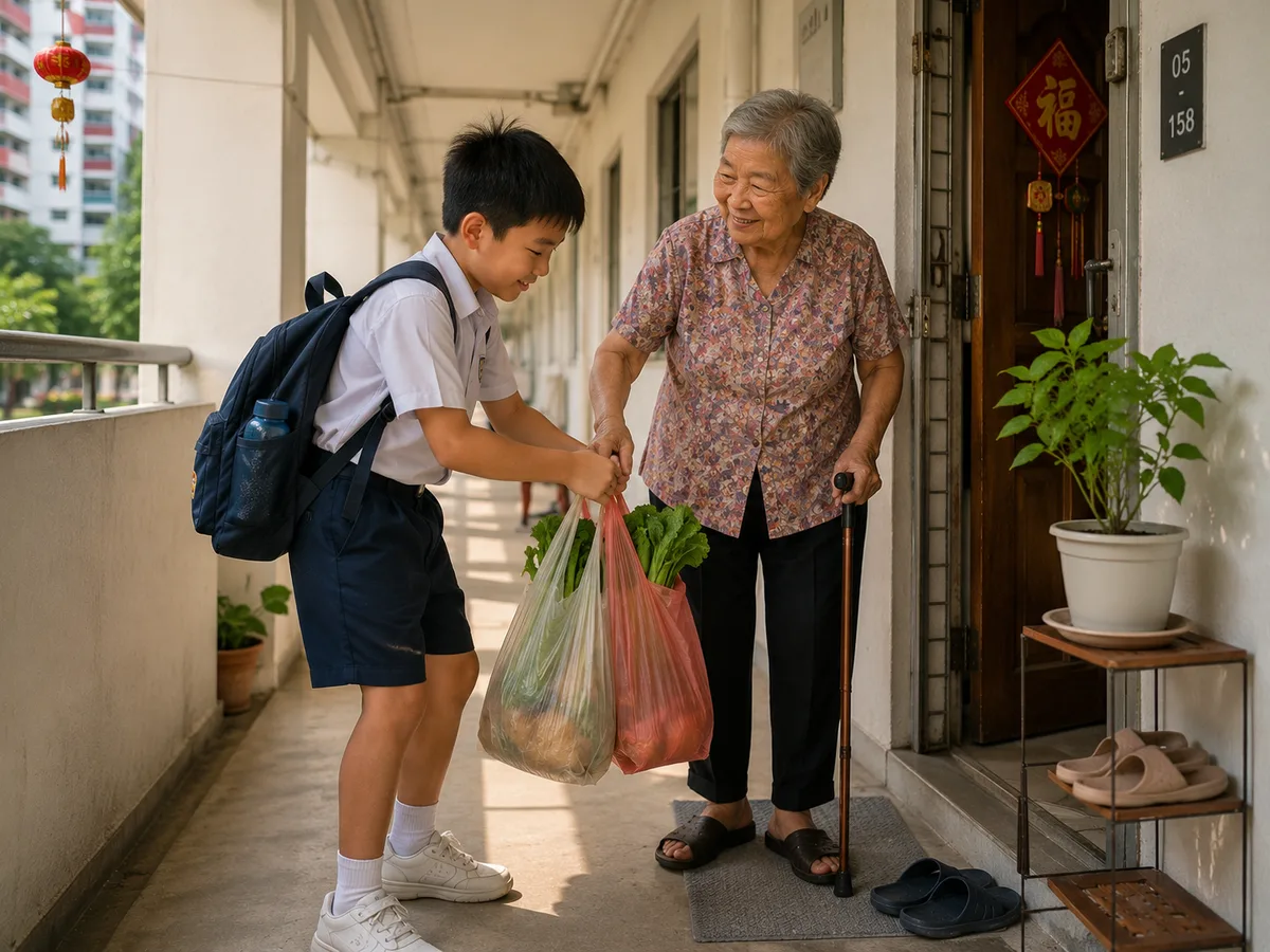 A young boy with his school bag helping an elderly woman with a walking stick carry her grocery bags along an HDB corridor; she smiles gratefully, with a potted plant and slippers by her door.