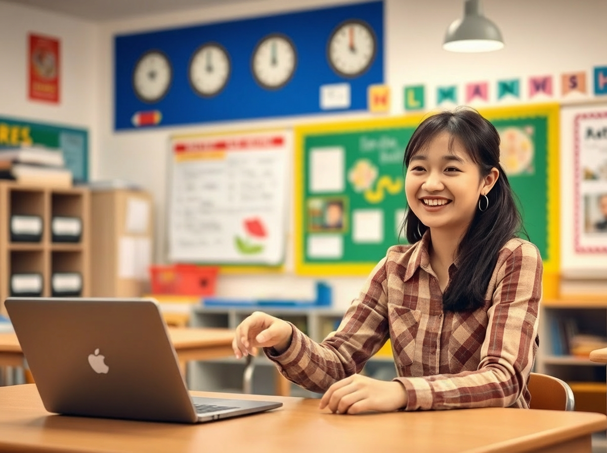 Smiling teacher working on a laptop in a classroom