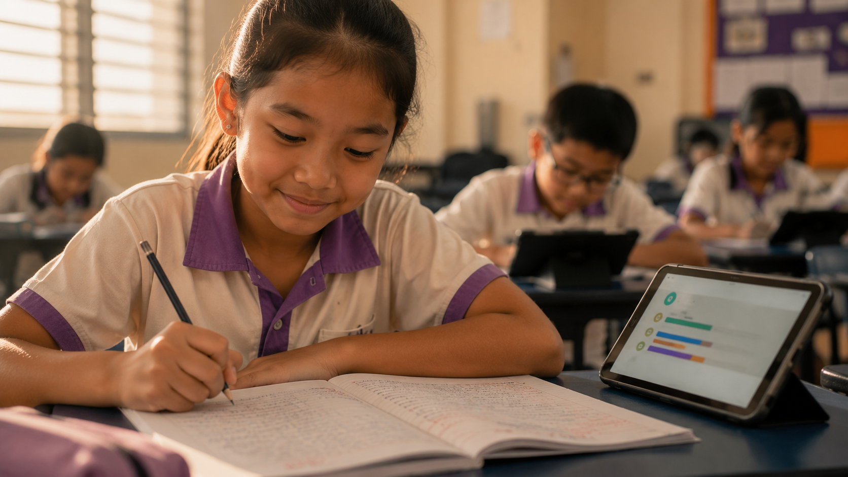A student working confidently through her own writing, her skill progress on the tablet beside her