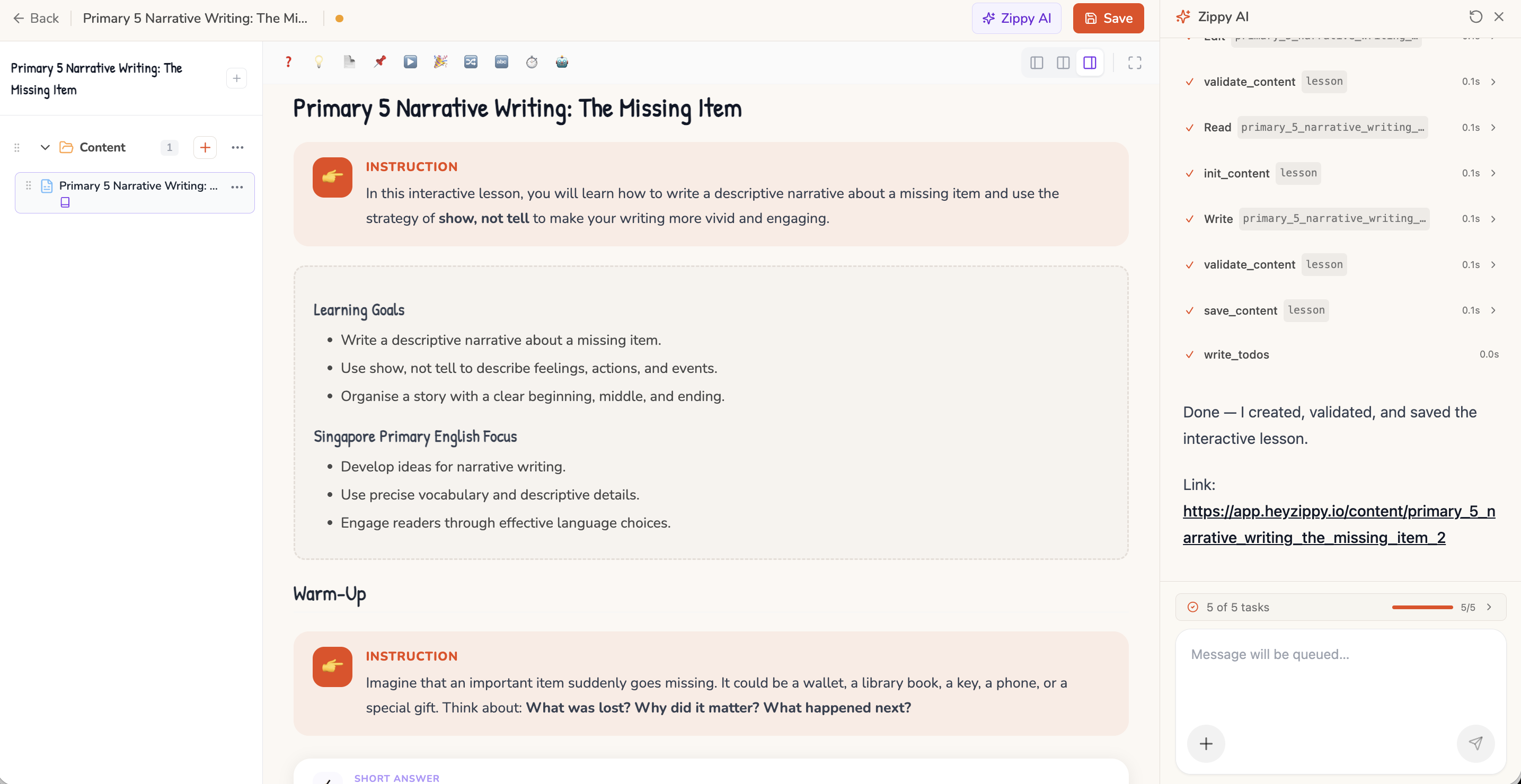 A drafted lesson aimed at specific skills, ready to assign