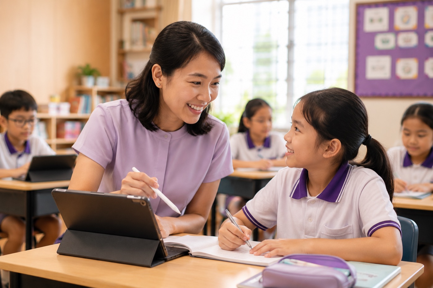 A teacher sitting beside one student at her desk while the rest of the class works