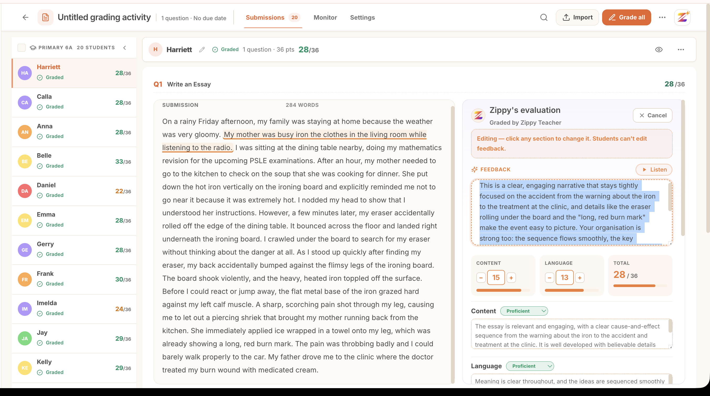 Editing a graded submission: scores, bands and comments are all editable, and students cannot edit feedback