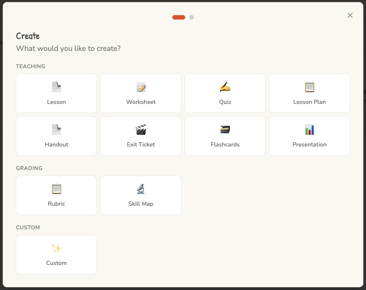 Create dialog showing lesson, worksheet, quiz, rubric, skill map, and more