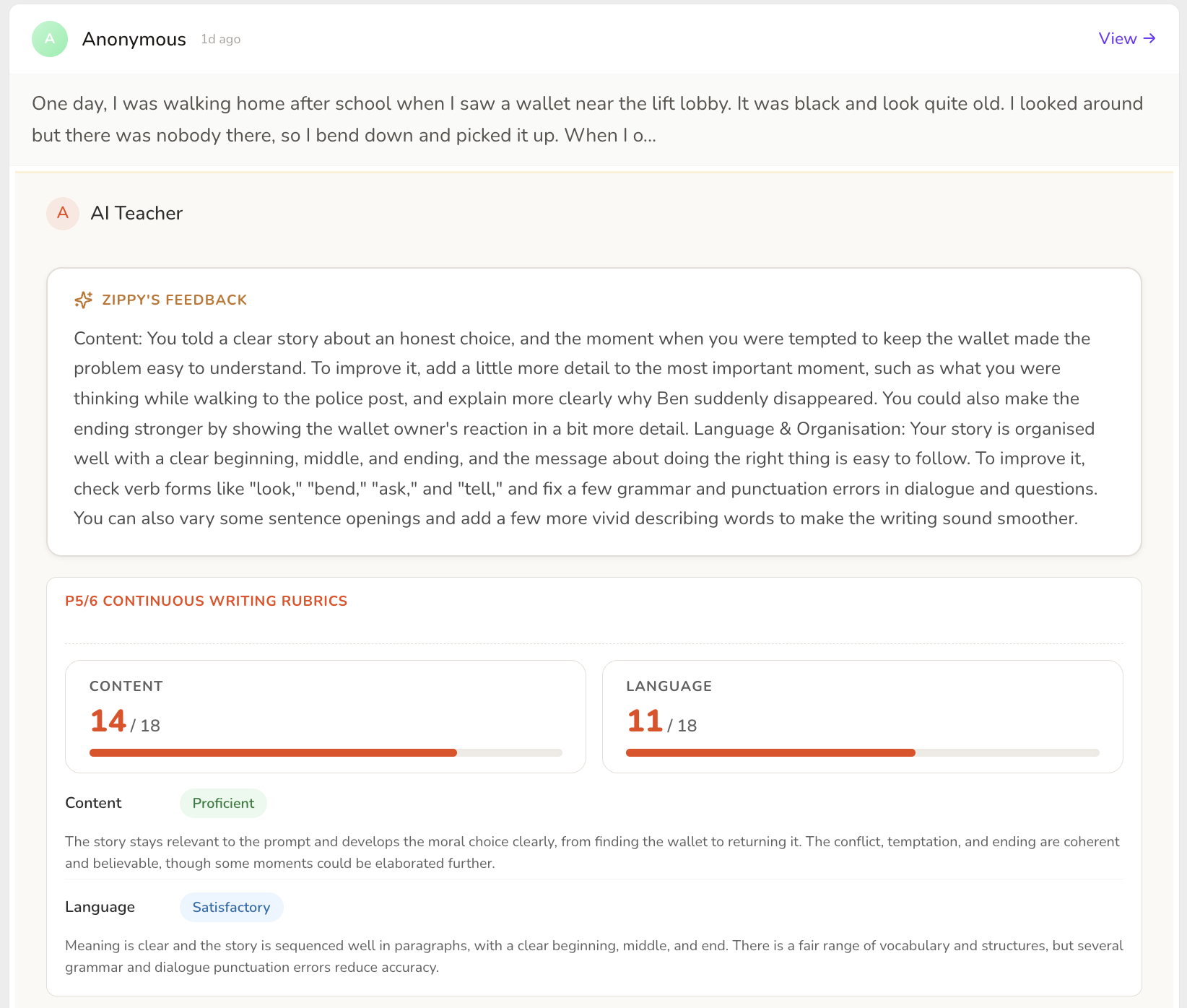 AI grading feedback and rubric scores for a student composition