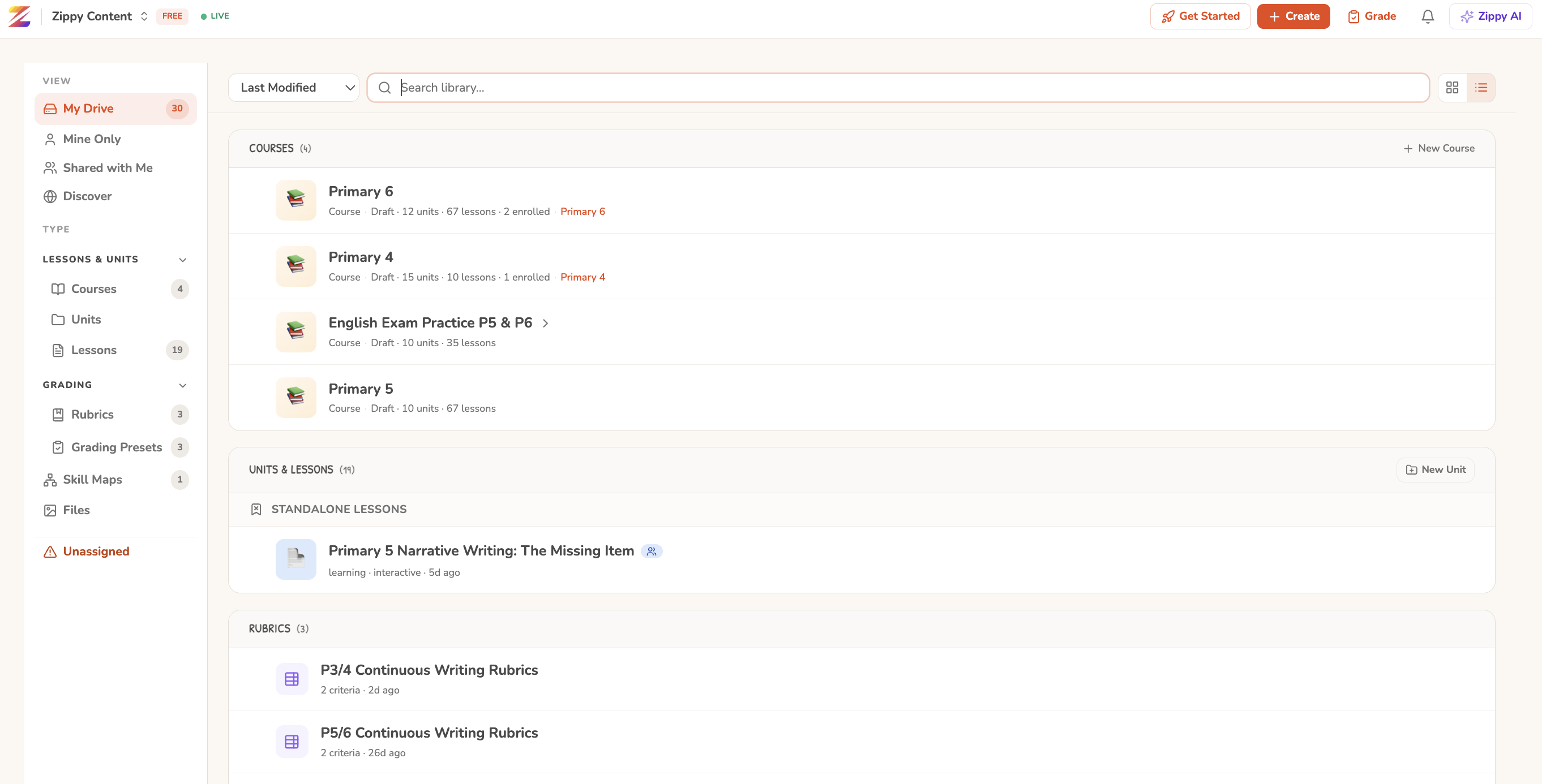 Zippy content library showing courses, lessons, rubrics, and skill maps in a sidebar layout