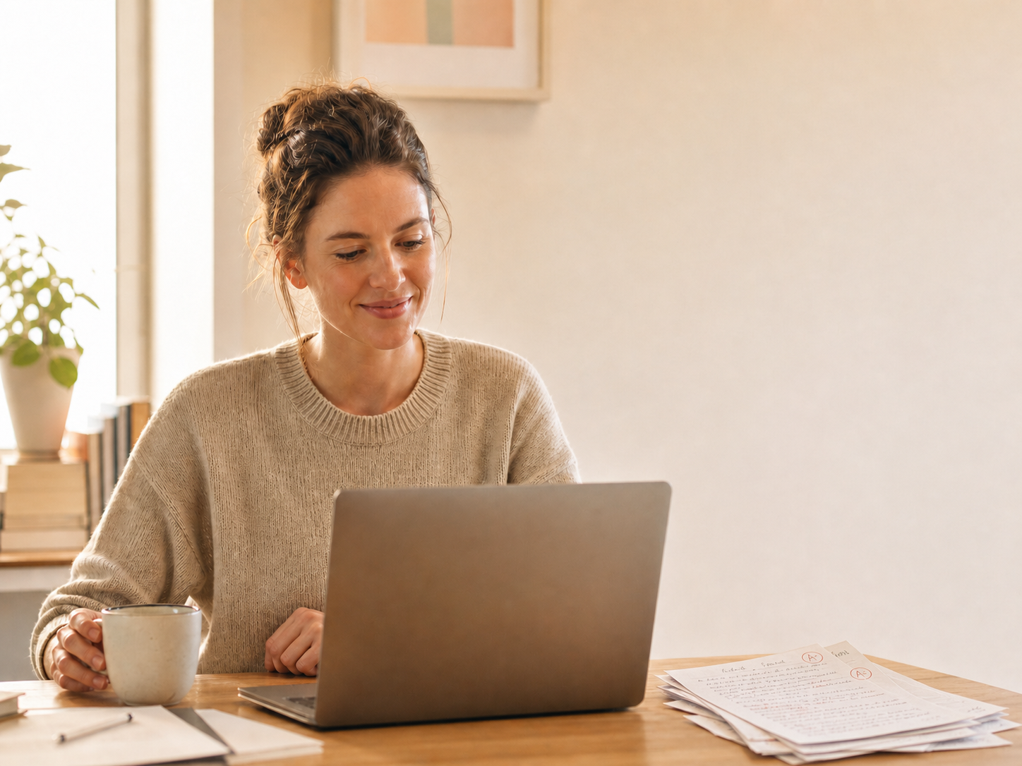 Smiling teacher working on her laptop with a coffee, papers neatly stacked beside her