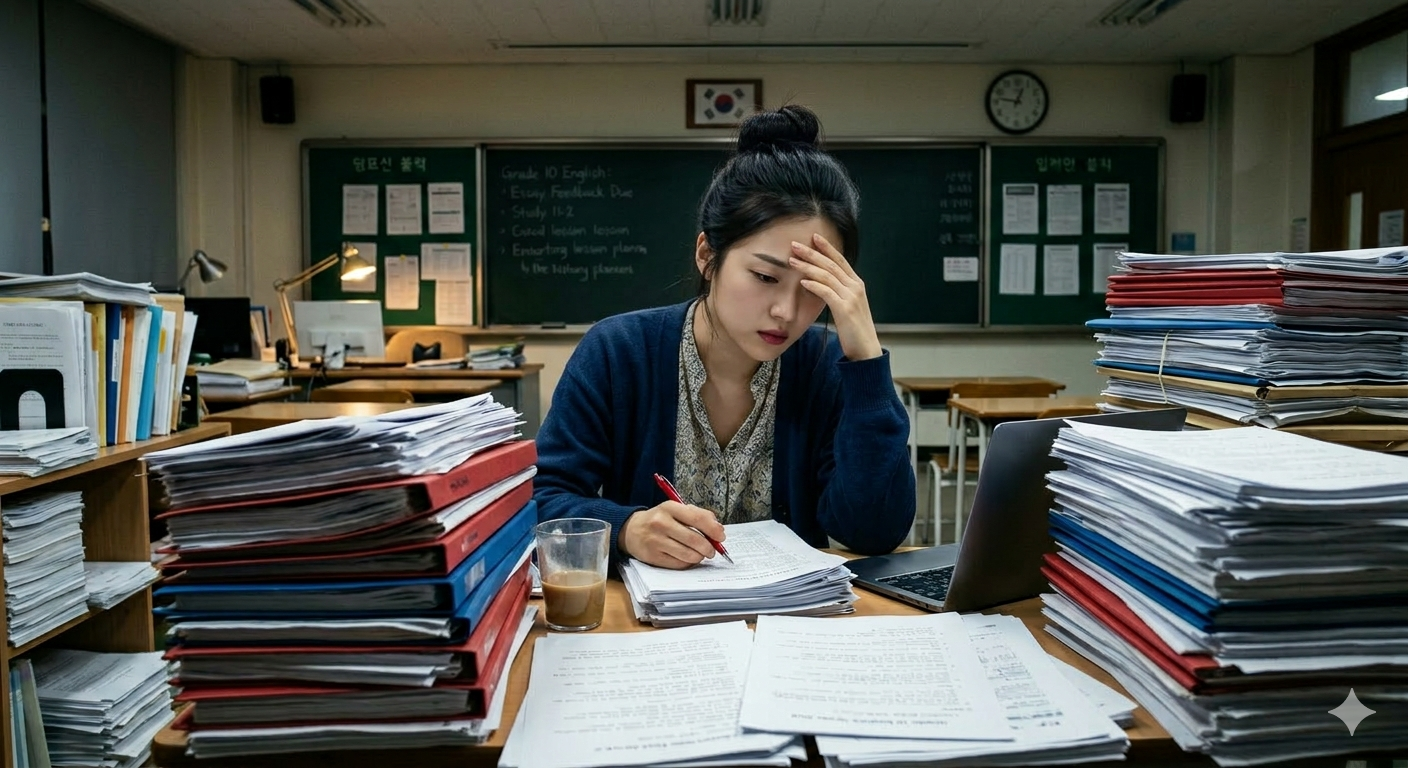 Teacher overwhelmed by stacks of papers and grading work