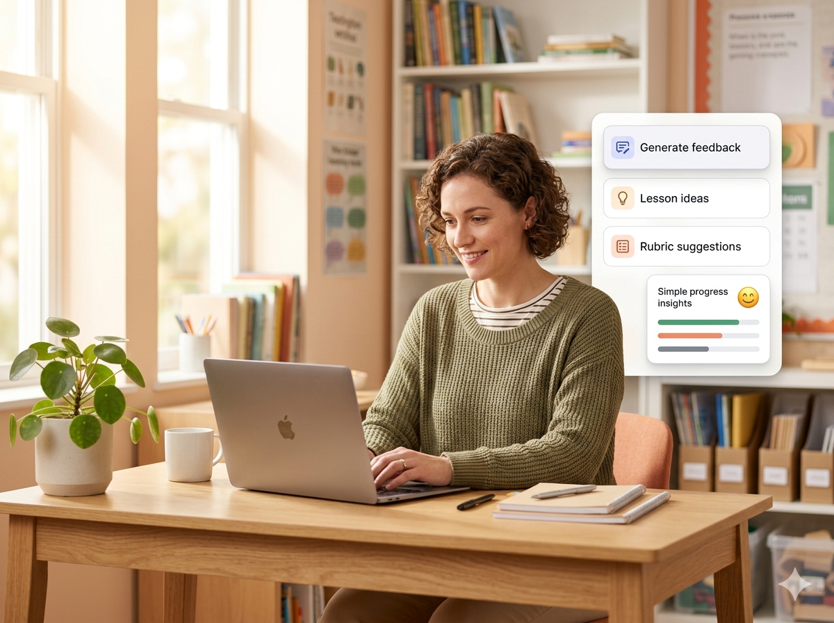 Teacher at her laptop with the Zippy AI Teaching Assistant panel and weekly progress summary